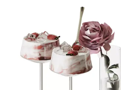 Romantic Strawberry Dessert and Rose Flower Set 3D model