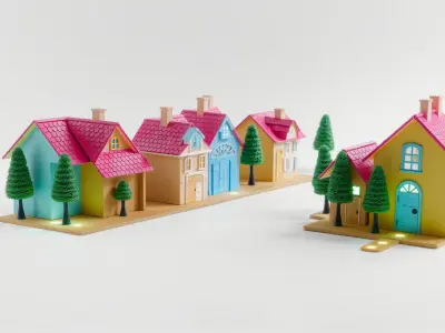 Miniature Toy Townhouses with Pink Roofs and Blue Facades Low-poly 3D model