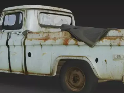 3D model of a scratched broken old rugged blue pickup truck 3D model
