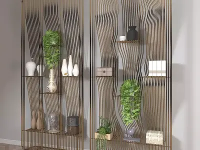 Metal Shelf with Figurines Indoor Plants and Casket 3D model