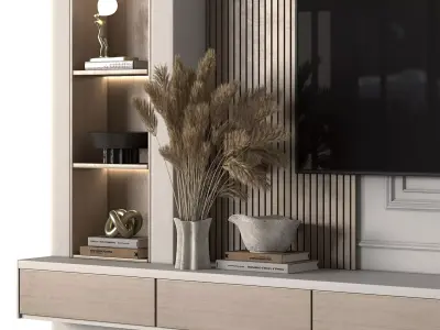 Tv Wall Wood and Plaste- Set 01 Low-poly 3D model