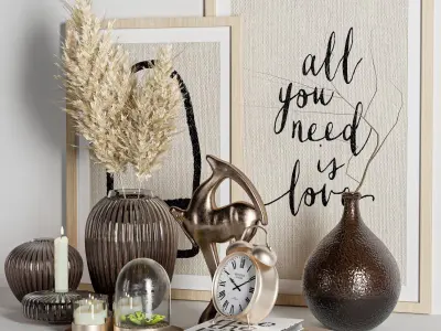 Decorative set items and clock on table 3D model