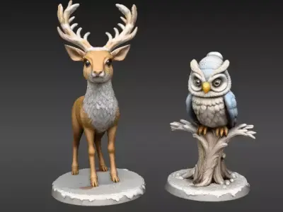 Deer Owl 3D Printable Figurines Winter Animal 3D Printable Low-poly 3D model