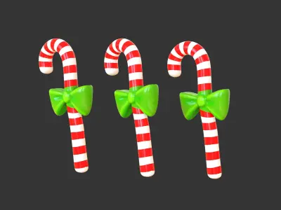 Candy Cane 01 with Bow 3D Model Christmas Decor Low Poly  Low-poly 3D model