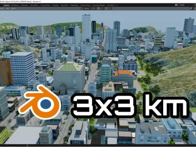 3x3 km Blender City Downtown Skyscraper Street 18 - DAY Low-poly 3D model