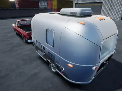 Pickup truck with small camper trailer Unity 3d asset Low-poly 3D model