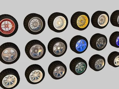 Pack of 100 unique rims tires for cars Low-poly 3D model