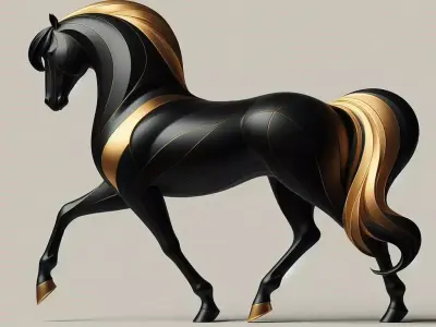 Elegant Black Gold Horse Dynamic Striped Sculpture Low-poly 3D model