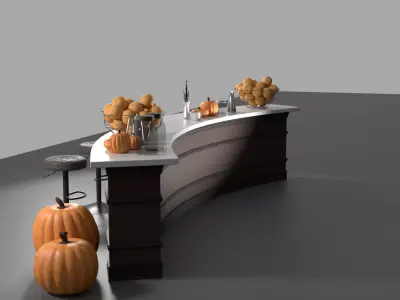 Curved Cafe Counter with Halloween Props Pack 3D model