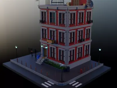 Cartoon building with decoration and street details PBR low-poly Low-poly 3D model