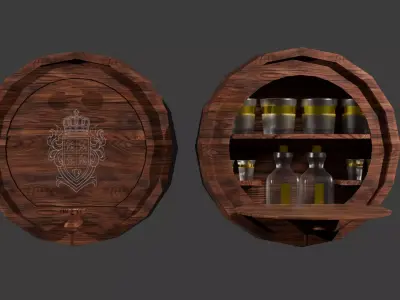 Vintage Keg Shaped Wall Bar with Glassware 3D model