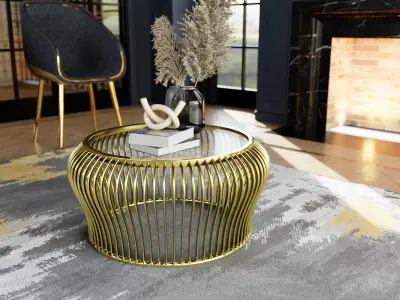 Luxury Gold Wireframe Coffee Table with Glass Top 3D model