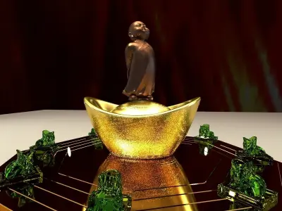 Chinese monk kid with Yuanbao and toad 3D model