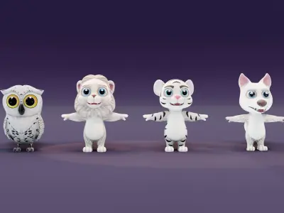 Snowy Owl White Lion White Tiger White Wolf 3D Models Pack Low-poly 3D model