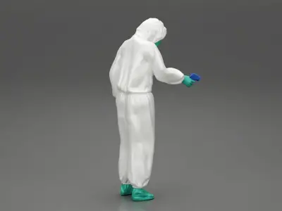 woman wearing antivirus suit standing measures the temperature 3D print model