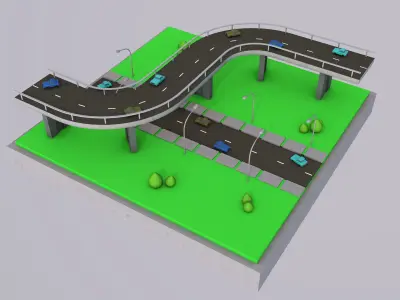 Highway Road and Bridge with Cars Low-poly 3D model