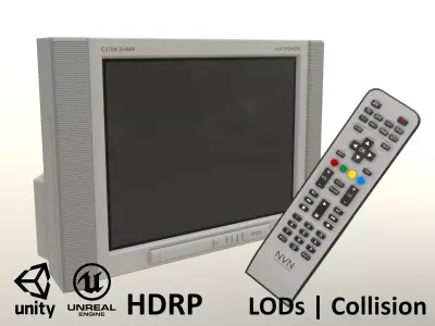 2000s CRT TV and Remote Control - Gray  3D Model Collection