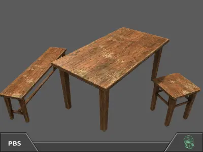 Wooden Bench Table Furniture Pack Free low-poly 3D model