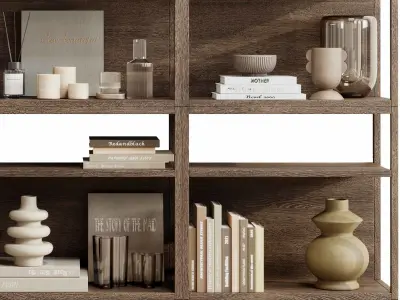 Decorative Set 004 - Wooden Shelves Decorative With Book Rack 3D model