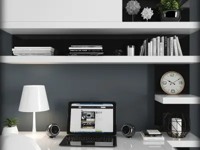 Workplace office desk with bookshelves Low-poly 3D model