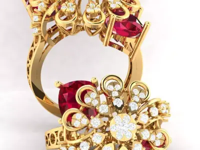 Ruby and Diamond Floral Filigree Ring 3D print model