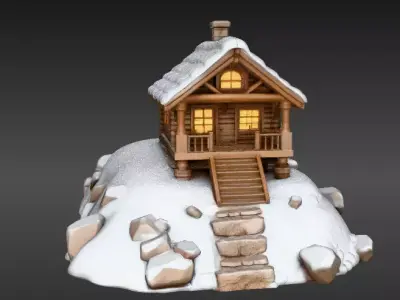 Winter Cabin on Snow Hill 3D Scene Model Cozy Christmas  Low-poly 3D model