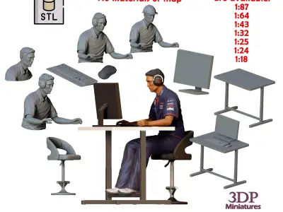 N1 Race team engineer with chair and desk 3D print model
