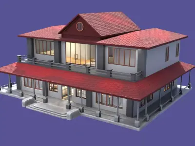 3D Model house or Villa with interior  - VR game asset Low-poly 3D model