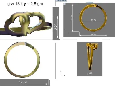 Ring - 2 1 two heart gold and gold 3D print model