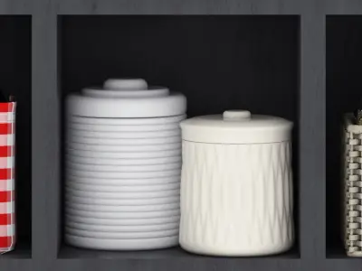 Kitchen set shelf filled with dishes and utensils 3D model