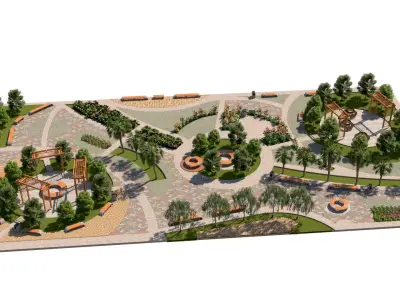 Detailed Public Square Landscape 3D Model Low-poly 3D model