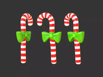 Candy Cane 01 with Bow 3D Model Christmas Decor Low Poly  Low-poly 3D model