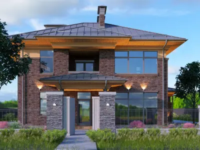 Brown Wright - style house with a raised roof 3D model