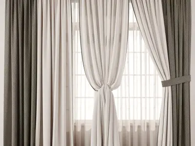  Herringbone Contrast Curtain Set with Beige Drapes and Trim 3D model