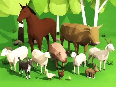 Domestic animals rigged pack Low-poly 3D model