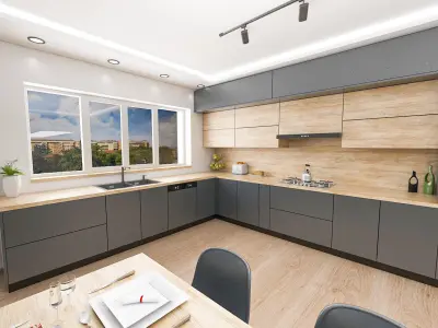 Modern kitchen in anthracite gray and aok wood 3D model