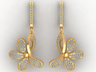 Flower Butterfly Style Diamond Gold Earring 3D print model