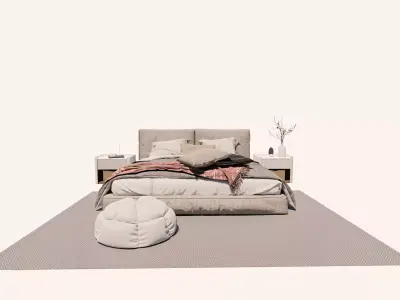 Double Bed with Nightstands - Modern Bedroom Set - Fabric - Wood 3D model