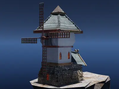 Medieval Windmill Building on the cliff Low-poly 3D model