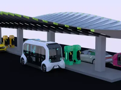 Charging station with cars and minibus 3D model
