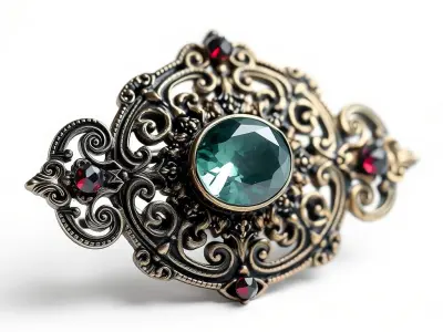 Ornate Victorian Brooch Model Pack with Emerald Gem Low-poly 3D model