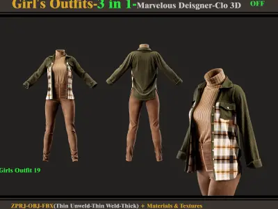 3 in 1 Girls Outfits- MD-Clo3d -OBJ - FBX -Materials-Textures 3D model