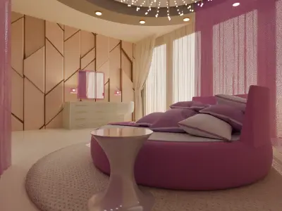 Elegant Round Bed Bedroom Interior Scene Low-poly 3D model