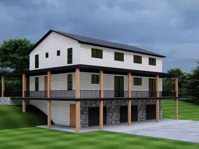 Modern farmhouse exterior design with wraparound porch 3D model