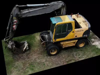 construction-site excavator on wheels drone photogrammetry 3D model