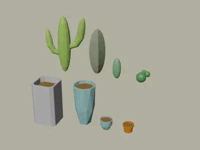 Pack of 4 types of cactus and pots Free low-poly 3D model
