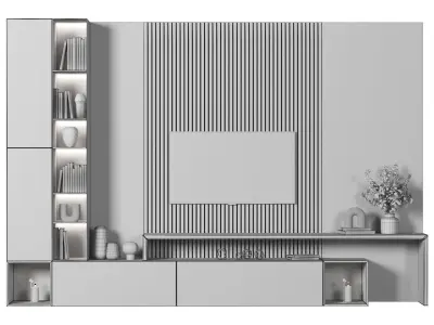 TVWALL023 modern living room with shelves and tv 3D model