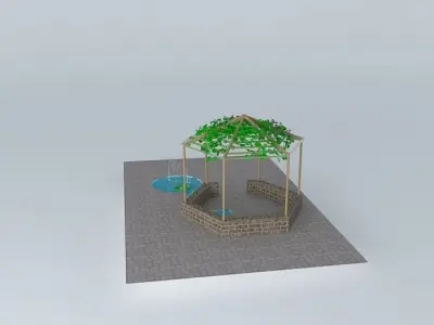 Arbor wooden gazebo with fountain in middle Free 3D model
