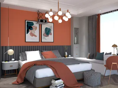 bedroom modern with orange and accents 3D model