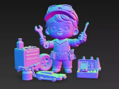 Cute Chibi Garage Mechanic Kid with Tools - 3D Character Low-poly 3D model